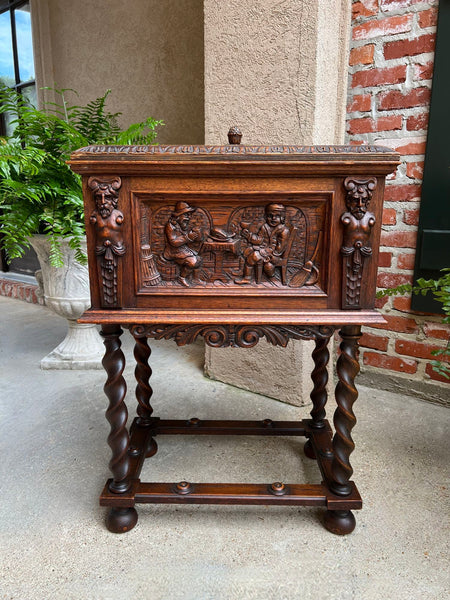 Antique French Renaissance Chest Box on Stand Breton Brittany Oak Barley Twist