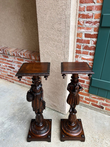 Antique French Breton Pedestal Stands PAIR Carved Figural Display Brittany c1900