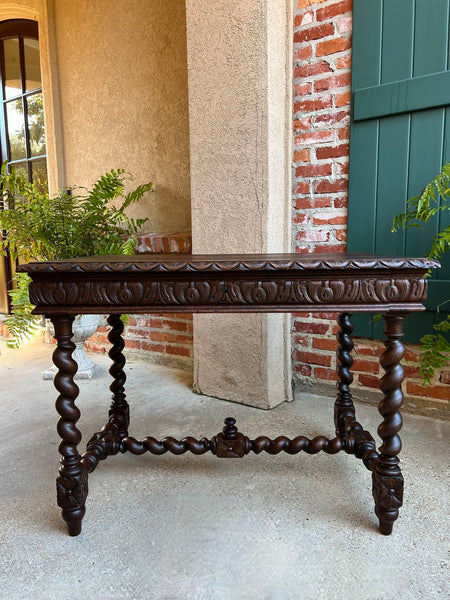 Antique French Sofa Table Writing Desk Barley Twist Carved Oak Renaissance