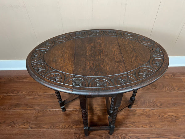 PETITE Antique English Side Sofa Table Barley Twist Drop Leaf Gateleg Carved Oak