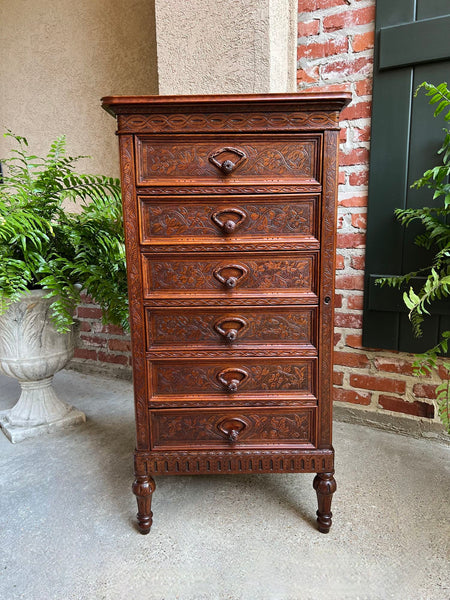 Antique English Victorian Wellington Chest of Drawers Campaign Carved Oak