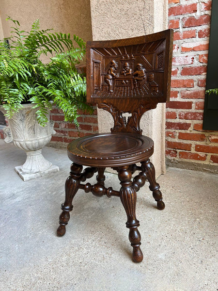 Antique English Pub Chair Fireplace Hearth Carved Tiger Oak Breton Brittany