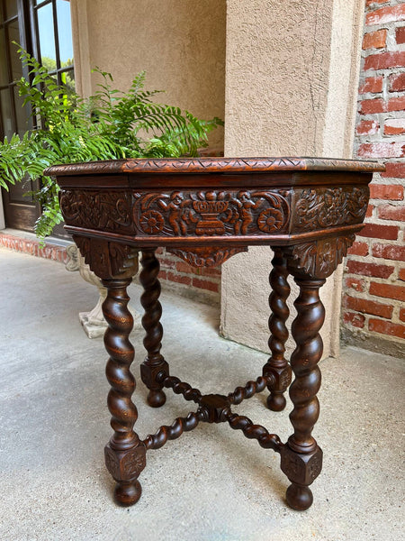 Antique French Octagon Sofa Table Carved Oak Barley Twist Louis XIII Renaissance