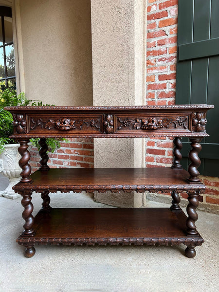 Antique French Carved Oak Server Sideboard Barley Twist Renaissance Bookshelf