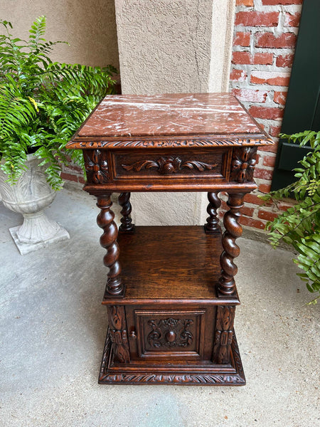 Antique French Side End Table Cabinet BARLEY TWIST Carved Oak Renaissance Marble