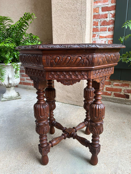 Petite Antique French Octagon Center Side TABLE Renaissance Carved Oak