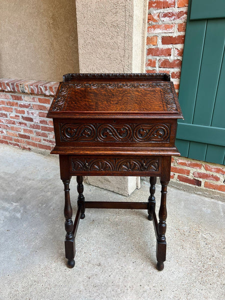 Antique English Slant Front Desk Display Stand Jacobean Carved Tiger Oak Lectern