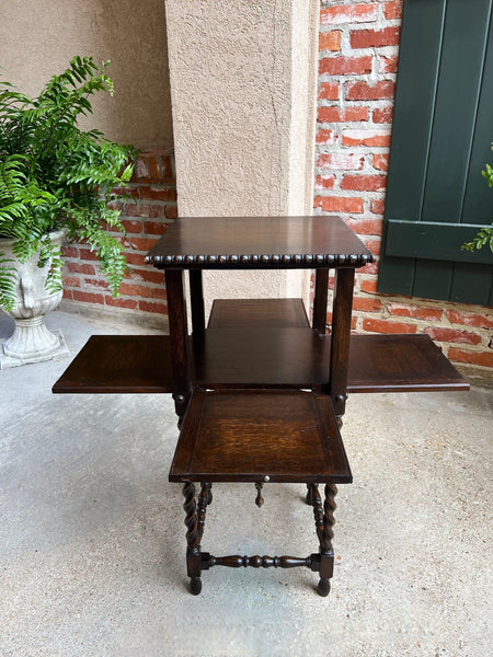 Antique English Square Table Plant Stand Jacobean BARLEY TWIST Cabinet Dark Oak