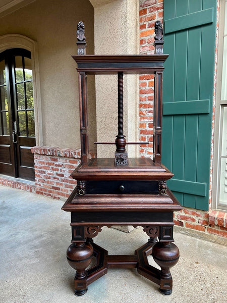 Antique English Book Press Table Renaissance Carved Oak Ebonized Cabinet c1880