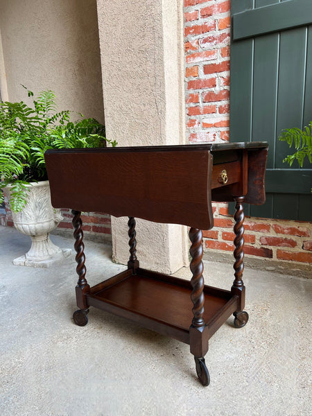 Antique English Tea Trolley Drinks Cart Barley Twist Dumbwaiter Drop Leaf Table