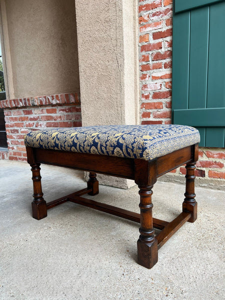 Antique English Oak Bench Upholstered Window Seat Jacobean Revival c1920