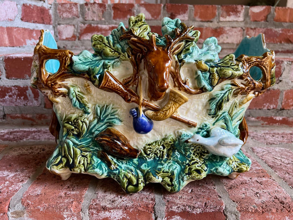 Antique French Majolica Barbotine Jardinière Hunt Stag Onnaing Cache Pot Planter