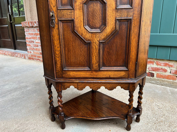 Antique English Tiger Oak Corner Cabinet Barley Twist Jacobean Arts & Crafts