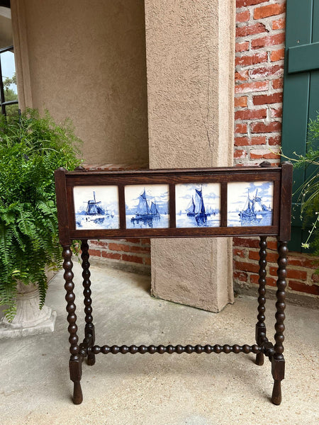 Antique English Planter Blue White DELFT Tile Floral Box Oak Bobbin Legs c1910