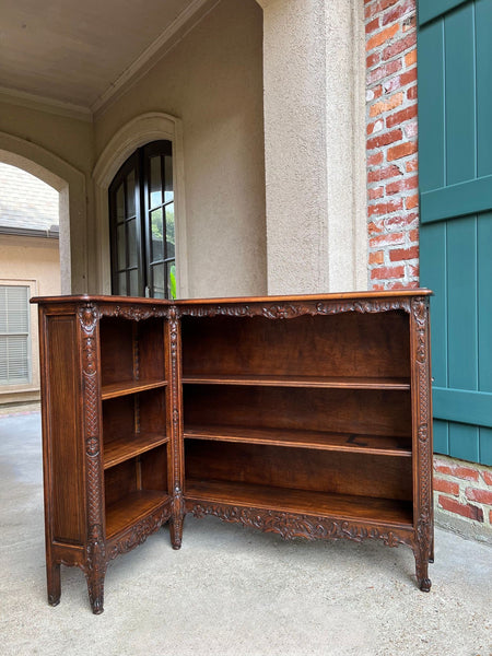 Antique French Corner Bookcase Carved Oak Louis XV Revival Open Shelves c1920