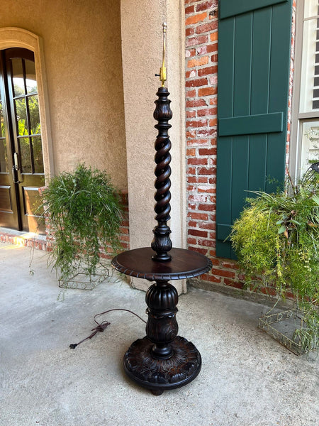 Antique English Carved Oak Floor Lamp OPEN Barley Twist w Round End Table c1920
