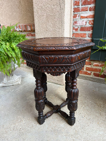 PETITE Antique French Octagon Center Side TABLE Side End Renaissance Carved Oak
