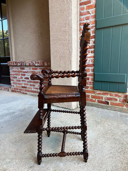 Antique French Child High Chair Renaissance Barley Twist Carved Oak Caned c1890