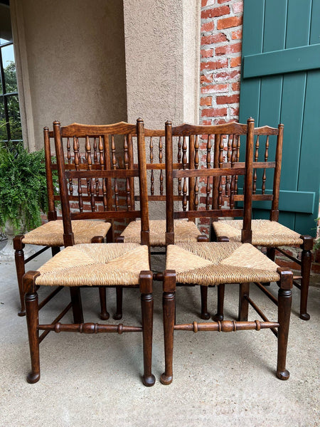 Set 5 Vintage English Oak Dining Side Chairs Rush Seat Lancashire Spindle Back