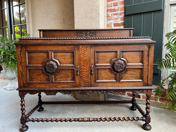 Antique English Sideboard Server Buffet BARLEY TWIST Carved Tiger Oak Jacobean