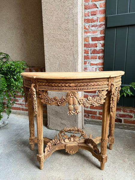 Antique French Louis XVI Console Table Foyer Demilune Carved Bleached Wood c1890