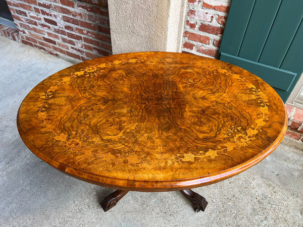 Antique English Center Breakfast Table Burl Walnut Tilt Top Inlaid Oval c1890
