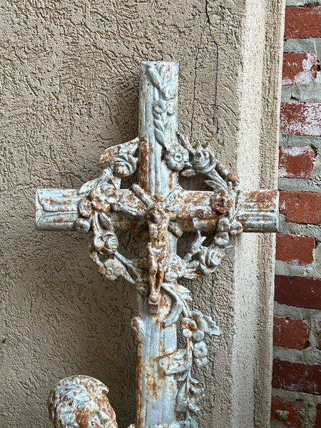 SMALL Antique French Cast Iron Cemetery Cross Crucifix Child Angel Garden Chapel