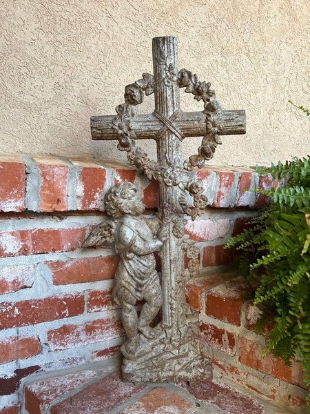 SMALL Antique French Cast Iron Cemetery Cross Crucifix Child Angel Garden Chapel