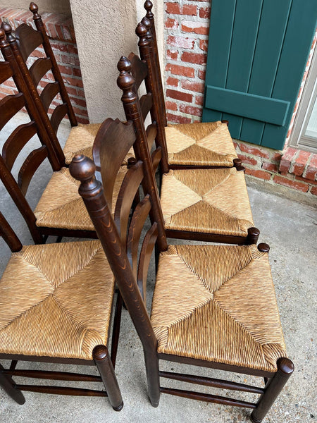 Vintage English Dining Chairs Set 6 Oak Ladder Back Rush Seat Woven