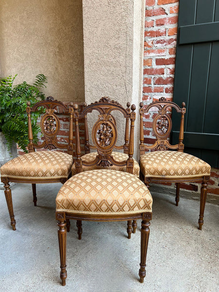 Set 4 Antique French Louis XVI Salon Chairs Petite Dining Parlor Carved Walnut