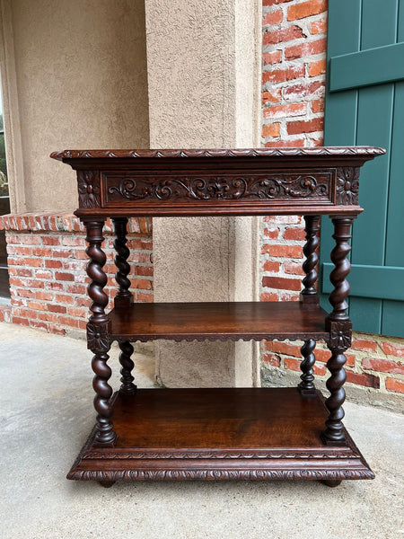 Antique English Server Console Table Jacobean Carved Oak Barley Twist c1900