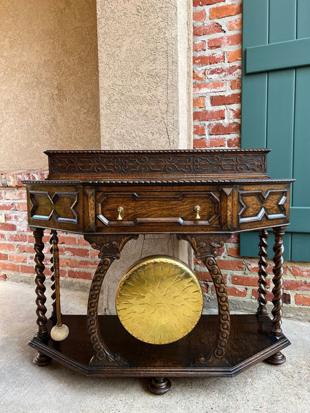 Antique English Console Hall Table Jacobean Carved Oak Barley Twist Gong c1880