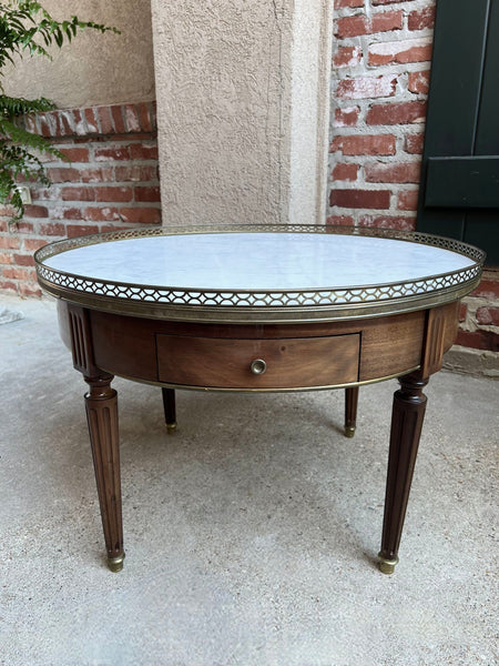 Antique French Round Bouillotte Side Table White Marble Louis XVI Style Gueridon