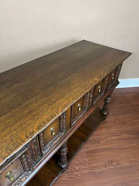 Antique English Dresser Base Sideboard Potboard Jacobean Carved Oak c1890
