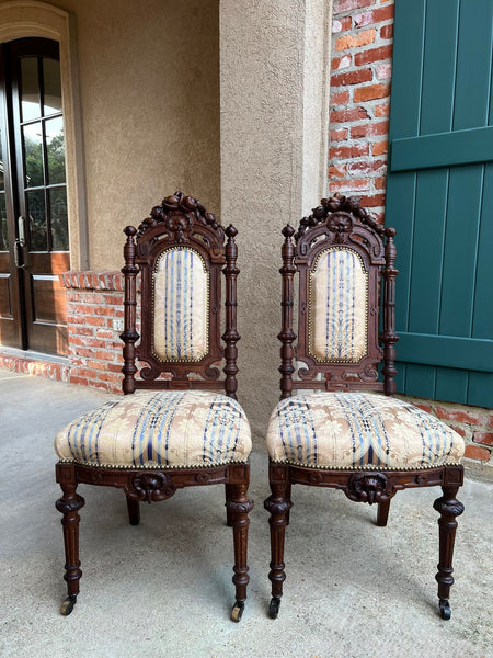 Pair Antique French Dining Chairs Renaissance Carved Oak Black Forest c1880