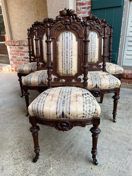 Set 6 Antique French Dining Chairs Renaissance Carved Oak Black Forest c1880