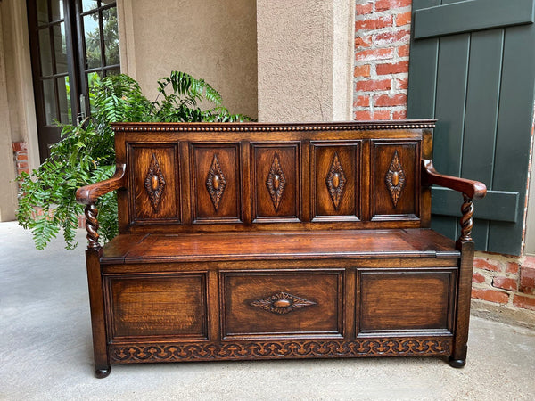 Antique English Hall Bench Carved Oak Barley Twist Jacobean Lift Top Settee