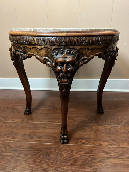 Antique French Renaissance Revival Center Table Round Marble Carved Walnut c1900