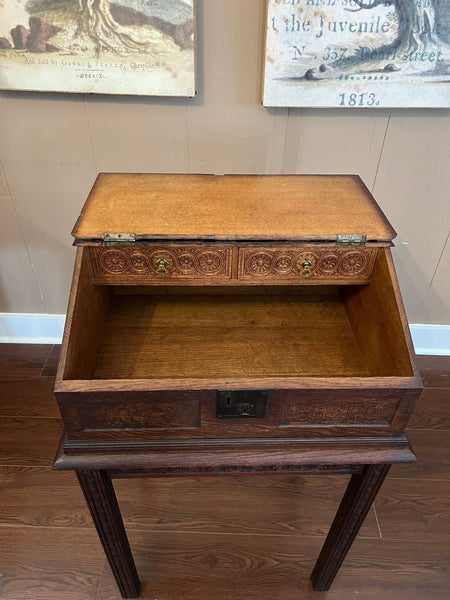 Antique English Slant Top Bible Box Desk Stand Jacobean Carved Oak Lectern c1890