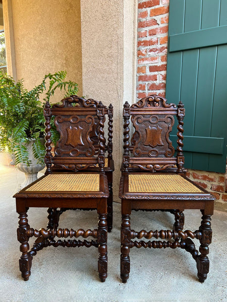 Set 4 Antique French Dining Chairs Barley Twist Cane Seat Carved Oak c1920