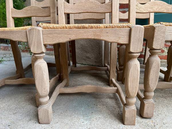 Set 6 Vintage French Ladder Back Dining Chairs Rush Seat Bleached Oak Farmhouse