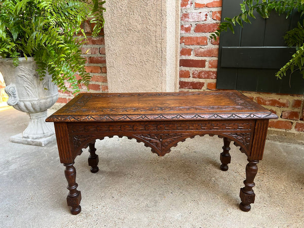 Antique French Bench Stool Gothic Renaissance Coffee Table Carved Oak c1890