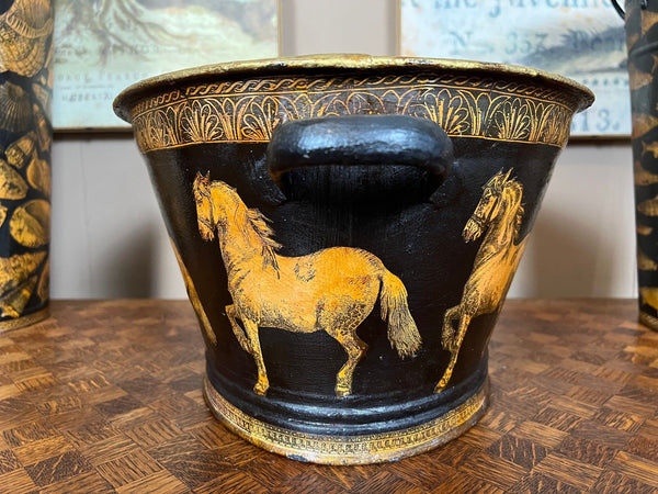 Antique English Planter Jardiniere Horse Equine Black Decoupage Tole Metal c1900