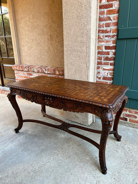 Antique French Center Library Table Louis XV Carved Oak Rococo Parquetry c1890