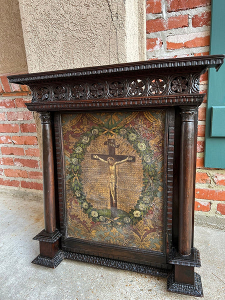 Antique French Gothic Devotional Cabinet Religious Painting Carved Oak Kneeler