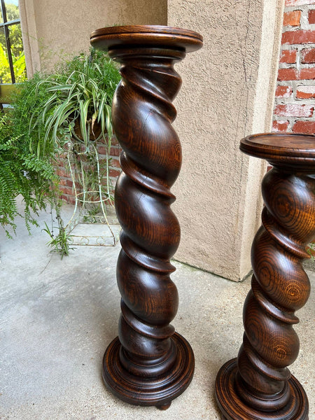 PAIR Set of 2 Antique French Pedestal Stand BARLEY TWIST Oak LARGE Plant Columns