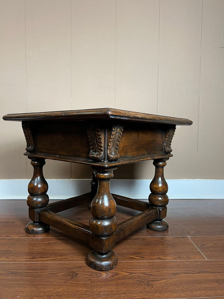 Antique English Side End Table Small Square Carved Oak Jacobean Revival c1910