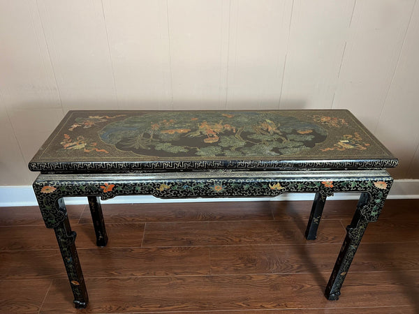 Vintage Chinese Console Table Black Lacquer Chinoiserie Gilt Hand Painted c1950