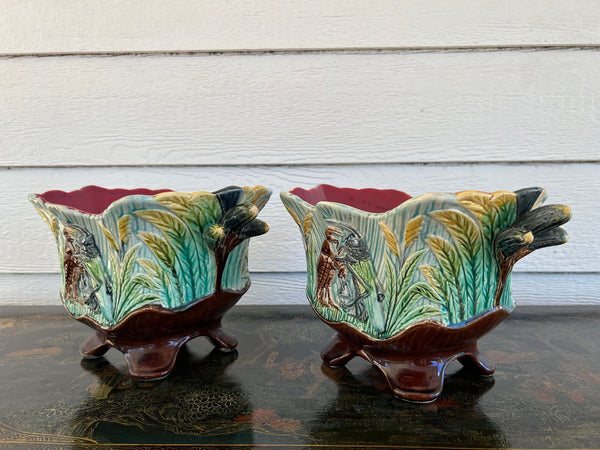 PAIR Antique French Majolica Jardinières Insect Musician Cache Pot Planter c1880