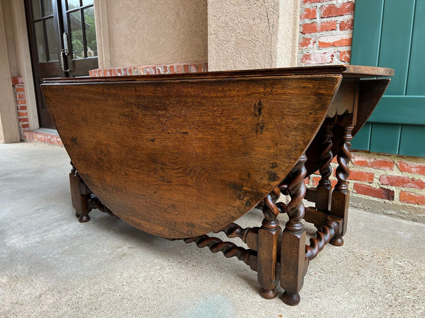Antique English Wake Dining Table Drop Leaf BARLEY TWIST Jacobean Oak Console